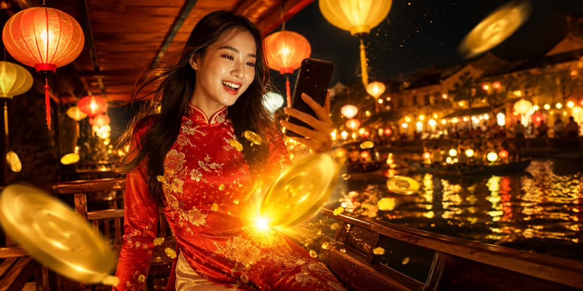 Người dùng tại Hà Nội chơi casino trên điện thoại bên đèn lồng truyền thống