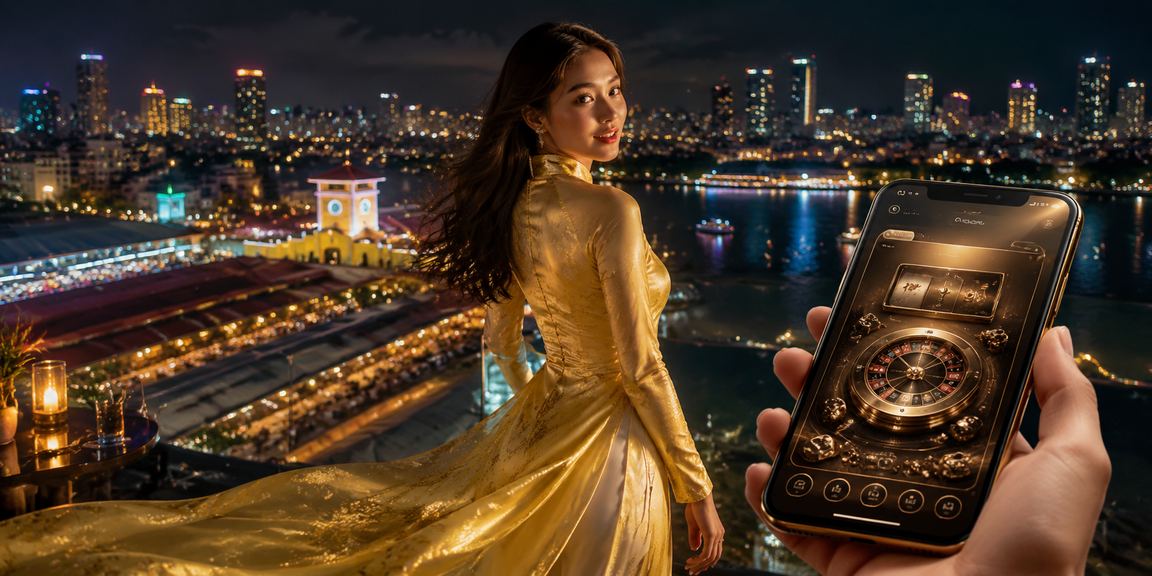 Người dùng Hồ Chí Minh chơi casino trên điện thoại di động với trang phục áo dài
