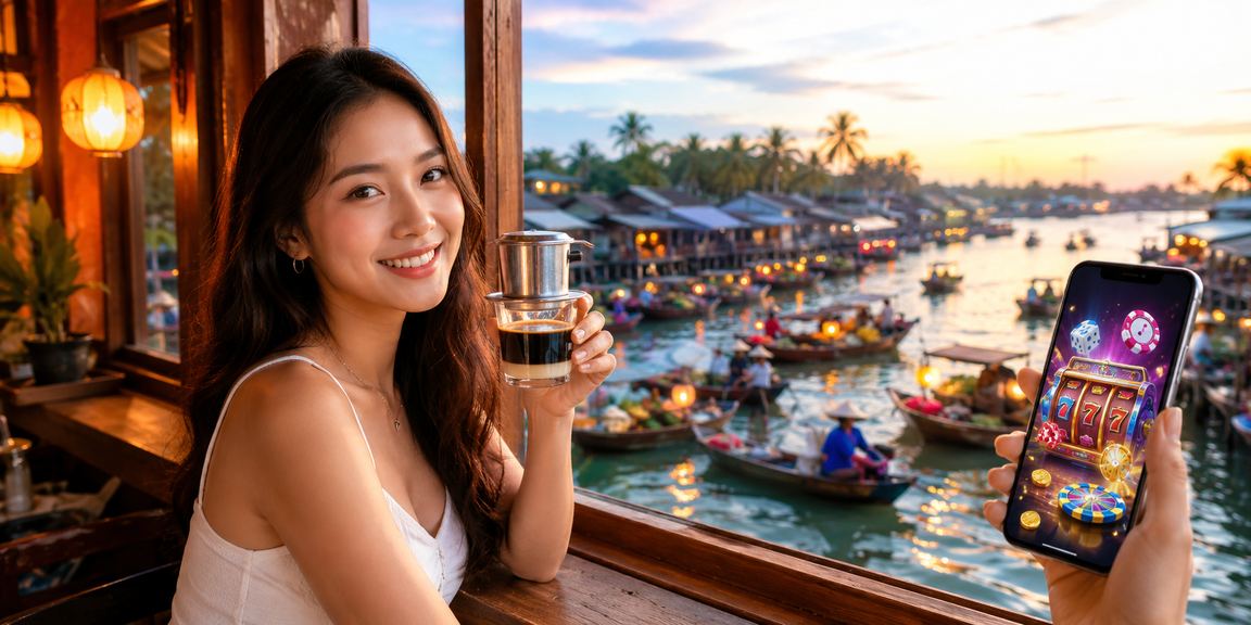 Người dùng Phú Quốc chơi casino trên điện thoại tại quán cà phê ven biển